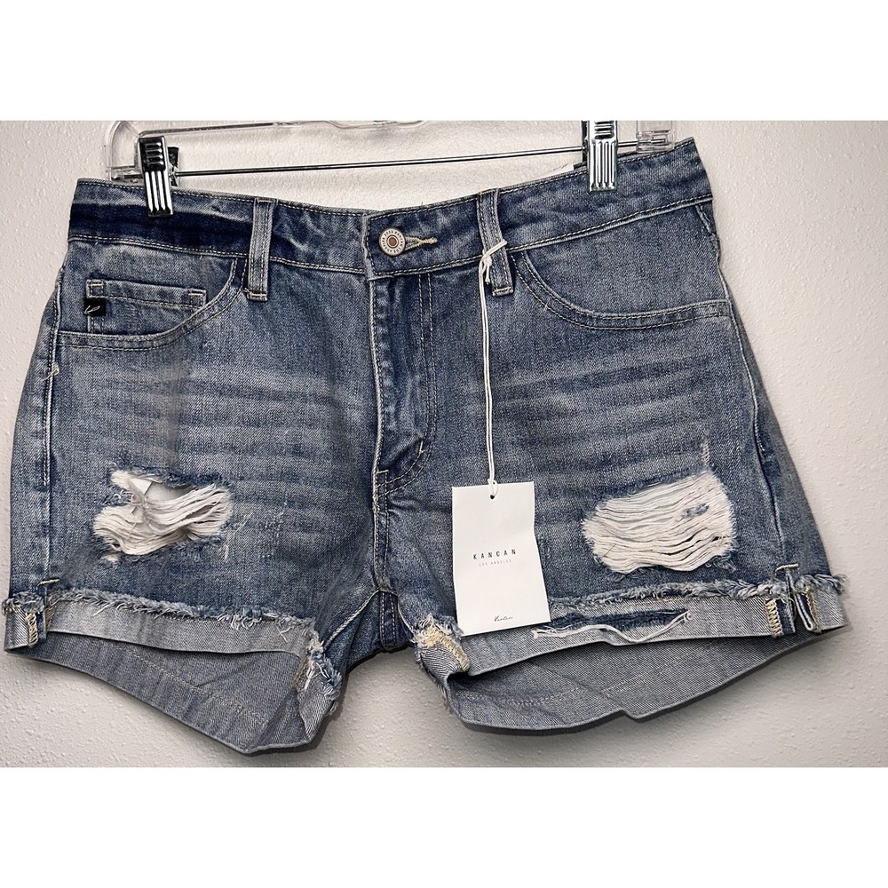 New Kancan Distressed Denim Jean Large Cuff Fray Hem Shorts Light Wash